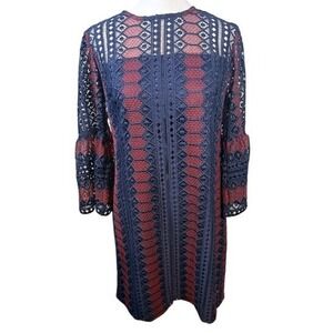 Trina Turk Dreamland Crochet Lace Shift Dress 6 Bell Sleeve Navy Burgundy
